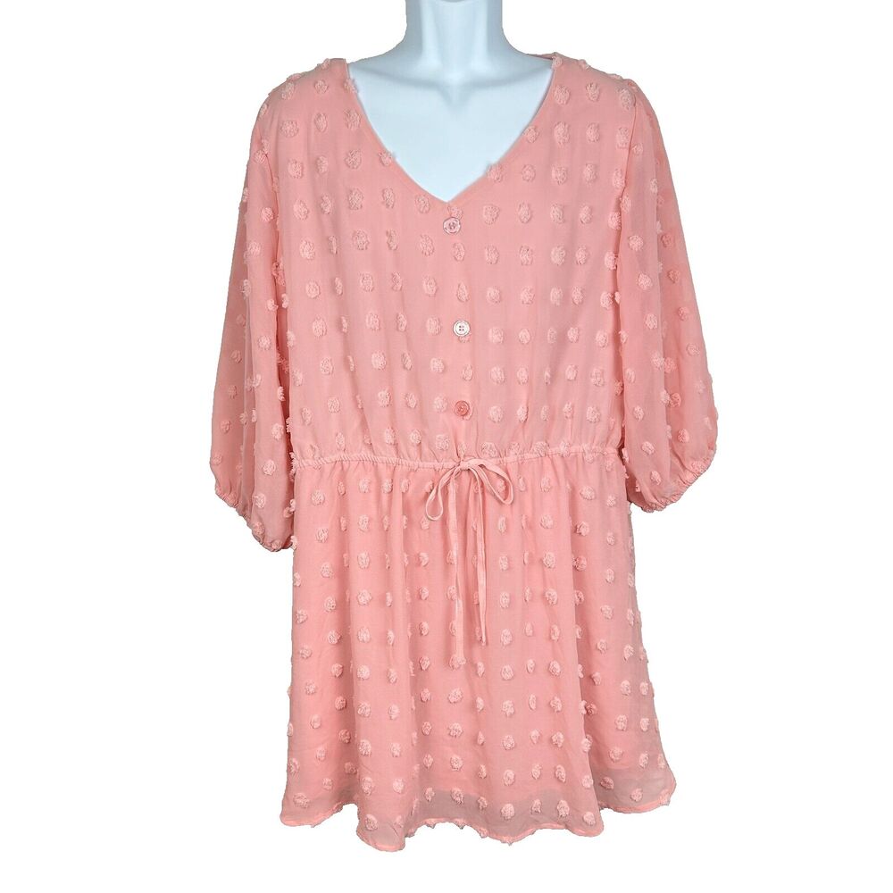 Robert Louis Peachy Pink Dimensional Dot V Neck Sheer Sleeve Dress Size 2X NWT
